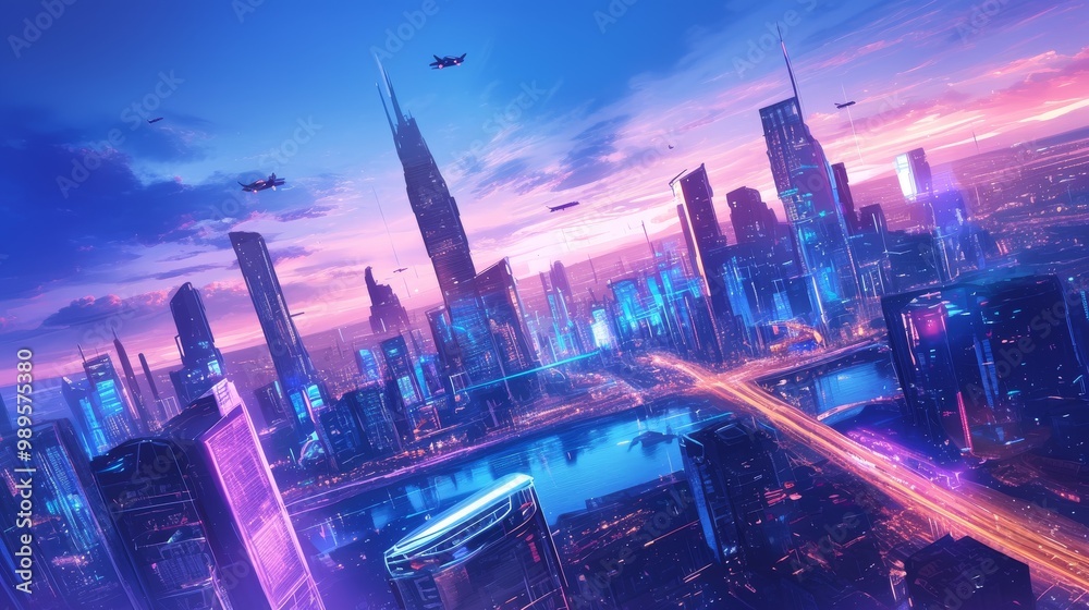 Obraz premium city skyline at night with glowing neon light