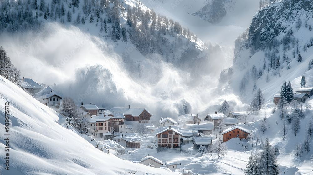 Fototapeta premium A small mountain village being engulfed by an avalanche with snow pouring through the streets and covering buildings.