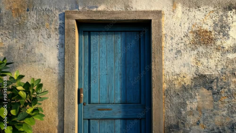 A weathered blue door sits in a stone wall, bathed in the warm light of the afternoon sun A weathered blue door sits in a stone wall, bathed in the warm light of the afternoon sun
