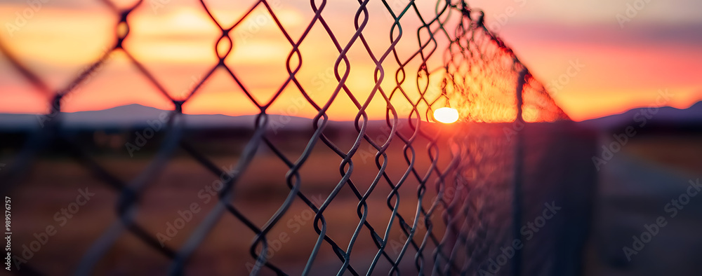 a chain linked fence that is next to the sunsets sky in the background and sun down, a chain linked fence that is next to the sunsets sky in the background and sun down,