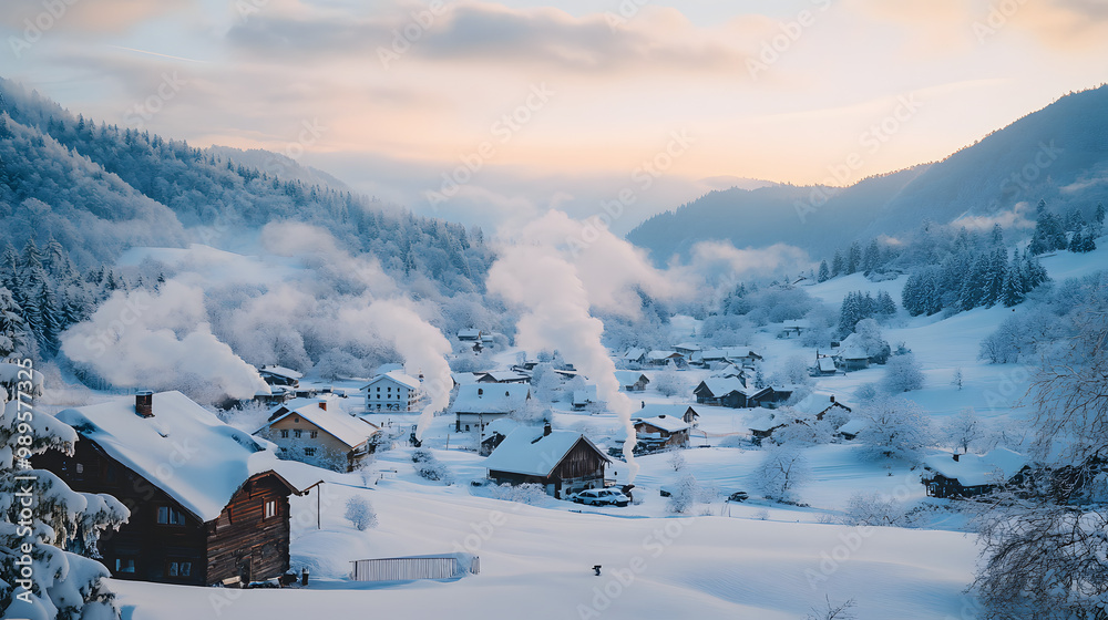 A snow-covered village nestled at the base of a mountain with smoke rising from chimneys and the sky overhead a soft pastel blue. A snow-covered village nestled at the base of a mountain with smoke rising from chimneys and the sky overhead a soft pastel blue.