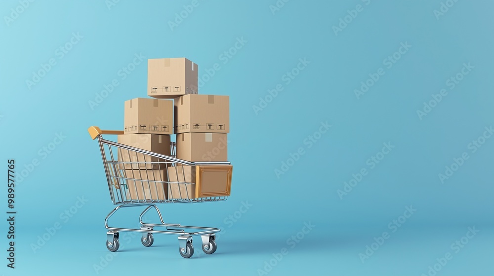 Boxes in a shopping cart on blue background. concept: online shopping e commerce and delivery of goods. copy space. Boxes in a shopping cart on blue background. concept: online shopping e commerce and delivery of goods. copy space.