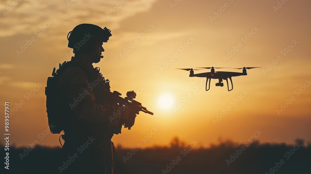Soldier s silhouette utilizing drones for tactical operations and reconnaissance missions Soldier s silhouette utilizing drones for tactical operations and reconnaissance missions