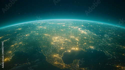 Earth at night with city lights glowing.