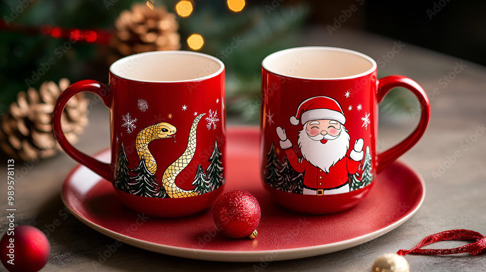 Fototapeta premium Festive Christmas Mugs with Santa and Reindeer Designs, Red and White Holiday Coffee Cups Set of red and white Christmas mugs with Santa and reindeer designs, perfect for adding holiday cheer to your