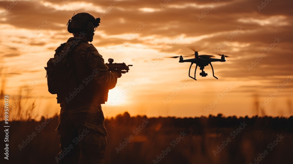 Silhouette of a soldier operating drones for military combat and reconnaissance missions Silhouette of a soldier operating drones for military combat and reconnaissance missions