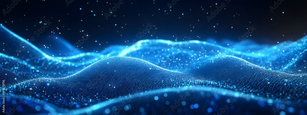 Abstract blue glowing light waves and data flow in a space background for technology, Abstract blue glowing light waves and data flow in a space background for technology,