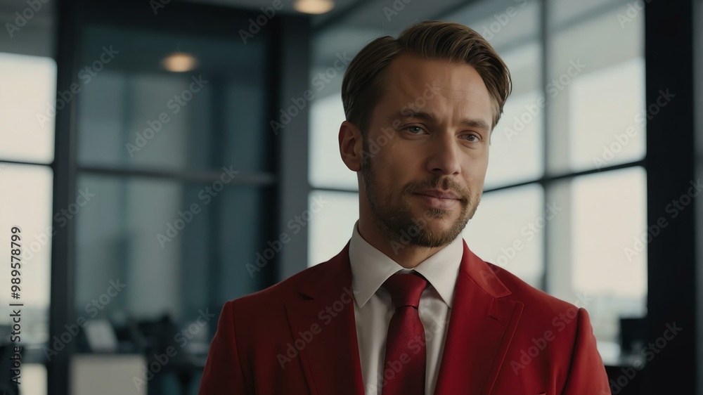 Fototapeta premium twenties caucasian man in red attire on office background model portrait looking confident for ad concept space for text