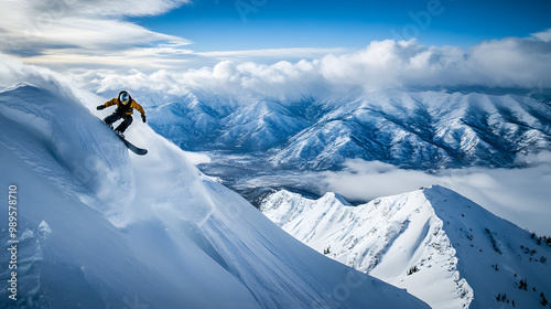 A snowboarder launching off a snowy cornice with the vast mountain range below the horizon fading into the distant clouds. photo