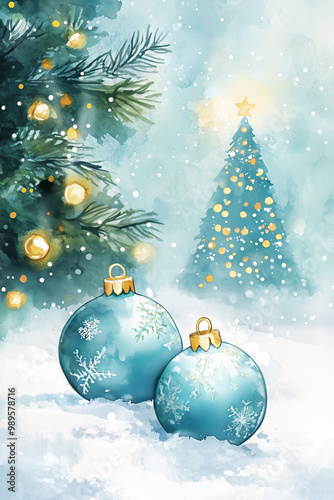 Watercolor Blue Christmas Ornaments with Snowflakes in Winter Forest, Decorated Trees, Festive Holiday Illustration with Copy Space 