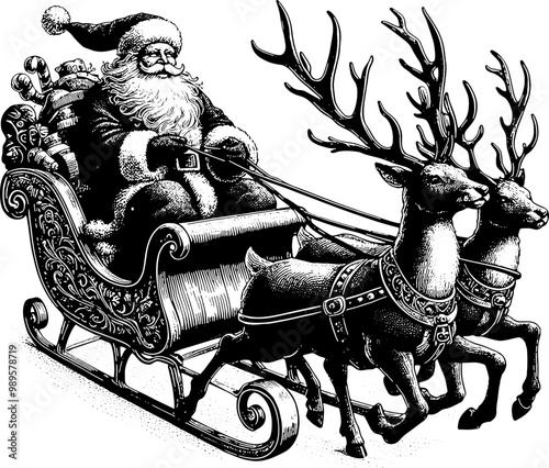 Santa Claus Riding In The Christmas Sleigh With Reindeer