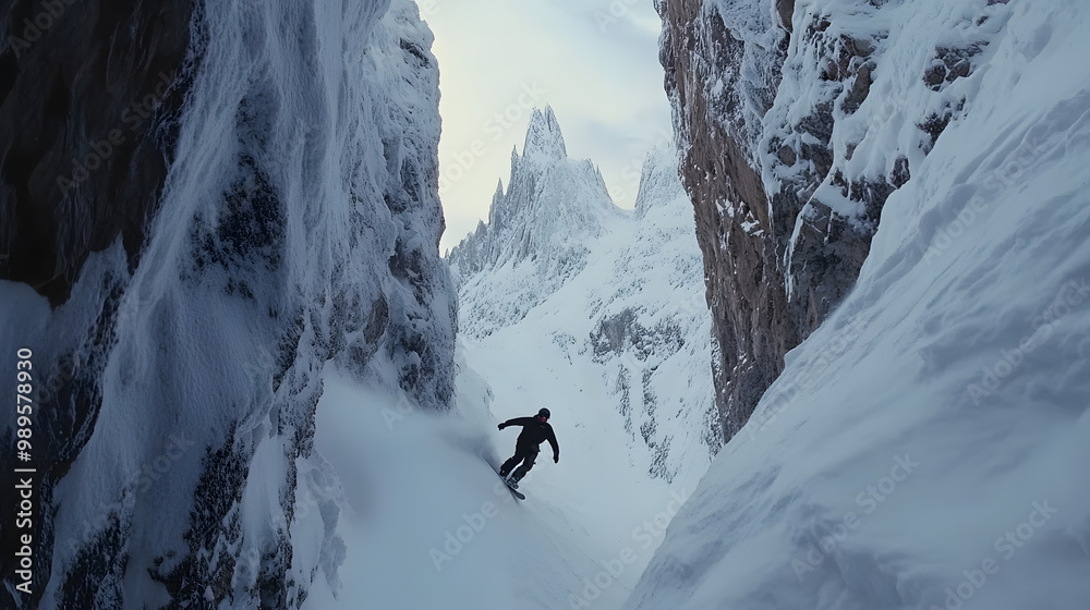 A snowboarder navigating a steep narrow chute on a backcountry descent surrounded by towering cliffs.