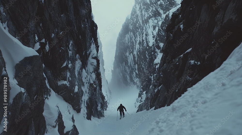 A snowboarder navigating a steep narrow chute on a backcountry descent surrounded by towering cliffs.