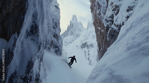 A snowboarder navigating a steep narrow chute on a backcountry descent surrounded by towering cliffs.