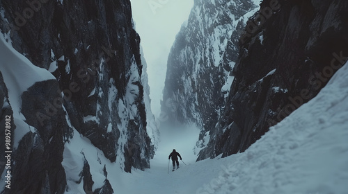 Obraz na płótnie A snowboarder navigating a steep narrow chute on a backcountry descent surrounded by towering cliffs. w salonie