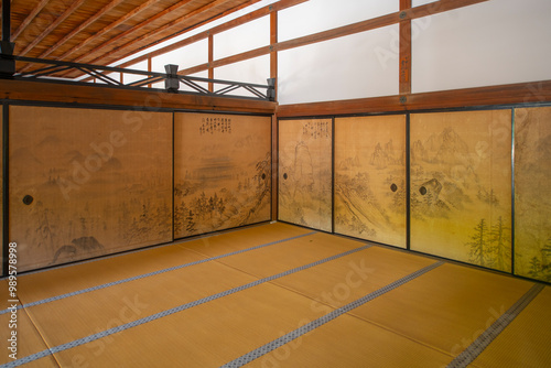 Abbot Hall interior of Ryoan Ji Temple. This temple is a Zen Buddhist temple in historic city of Kyoto, Japan. This temple belongs to Ancient Kyoto UNESCO World Heritage Site. 