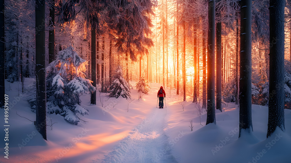 A snowboarder navigating through a snow-covered forest at dawn the early light creating a magical atmosphere as they ride between the trees.