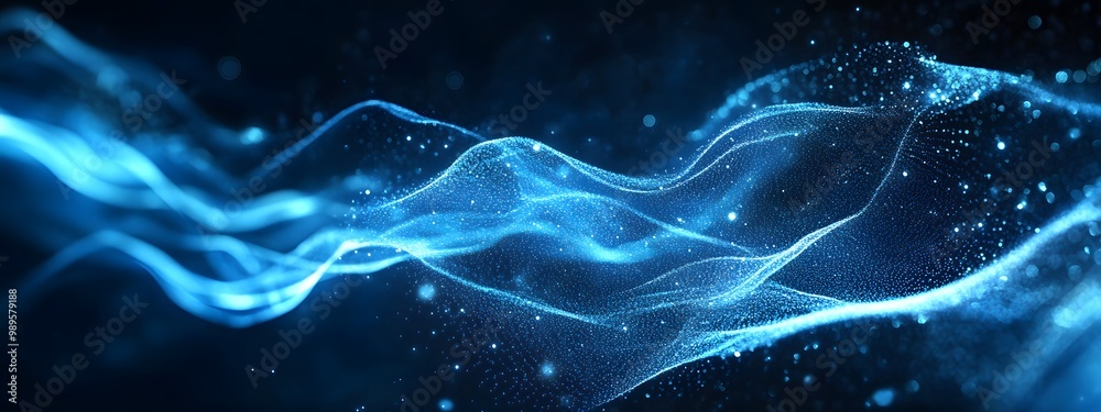 Abstract blue glowing light waves and data flow in a space background for technology, Abstract blue glowing light waves and data flow in a space background for technology,