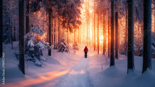 Obraz na płótnie A snowboarder navigating through a snow-covered forest at dawn the early light creating a magical atmosphere as they ride between the trees. w salonie