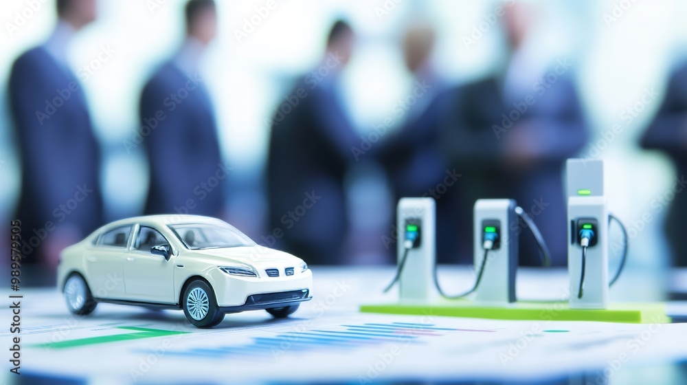 Fototapeta premium Corporate Executives Discussing Electric Vehicle Future with Miniature EV Model and Charging Station on Boardroom Table