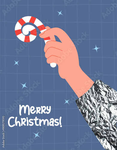 Hand in shiny silver holding Xmas striped candy cane on blue checkered background. Holiday Merry Christmas card. Vector illustration