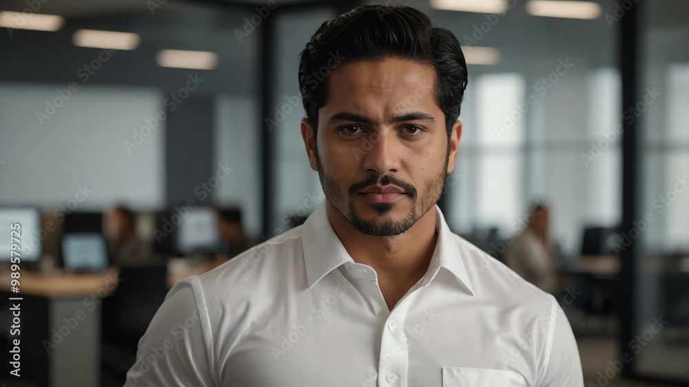 Obraz premium twenties hispanic man in white attire on office background model portrait looking confident for ad concept space for text