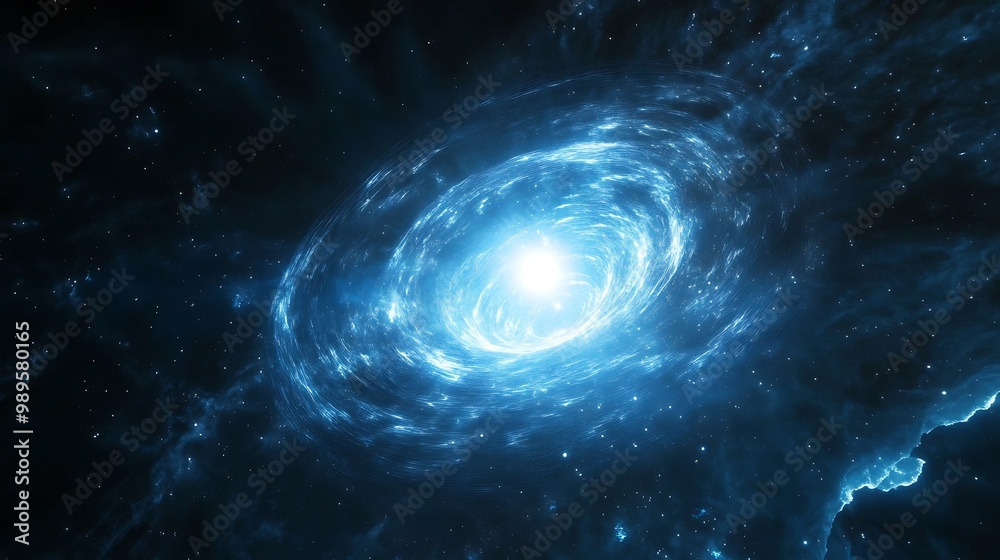 Quasar at the center of a galactic nucleus with a blue giant star and white dwarf orbiting in a binary star system showing gravitational waves Quasar at the center of a galactic nucleus with a blue giant star and white dwarf orbiting in a binary star system showing gravitational waves