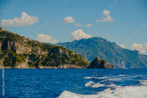 Panoramic landscape of the Amalfi coast. Atrani. Campagna. Positano. A resort town. Italy. Architecture, boats, yachts