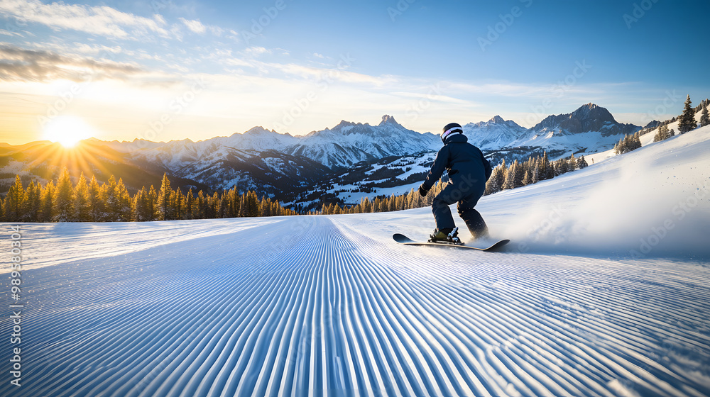 A snowboarder racing down a groomed slope at high speed the mountains in the background glowing in the morning sun.