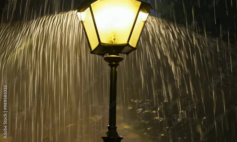 Street lamp illuminating heavy rain at night in a city street.  video