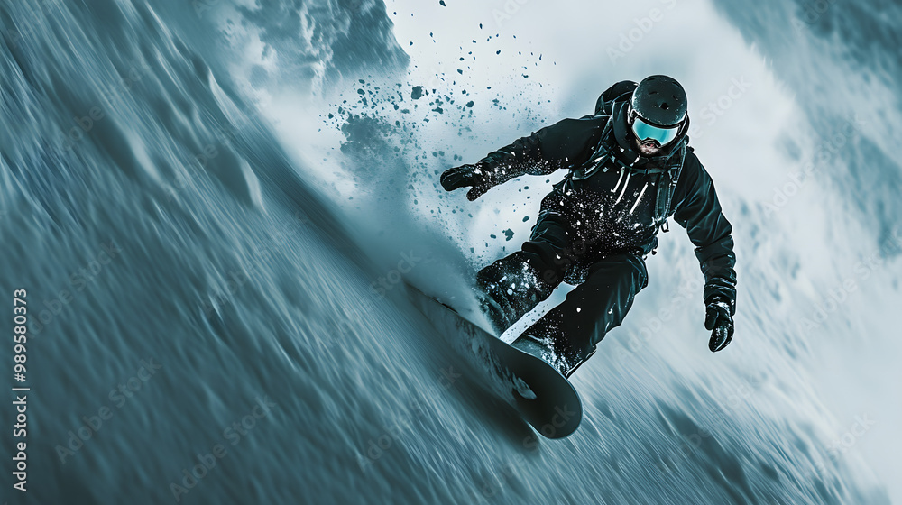 A snowboarder racing down a narrow icy chute in high winds snow whipping around them as they descend.