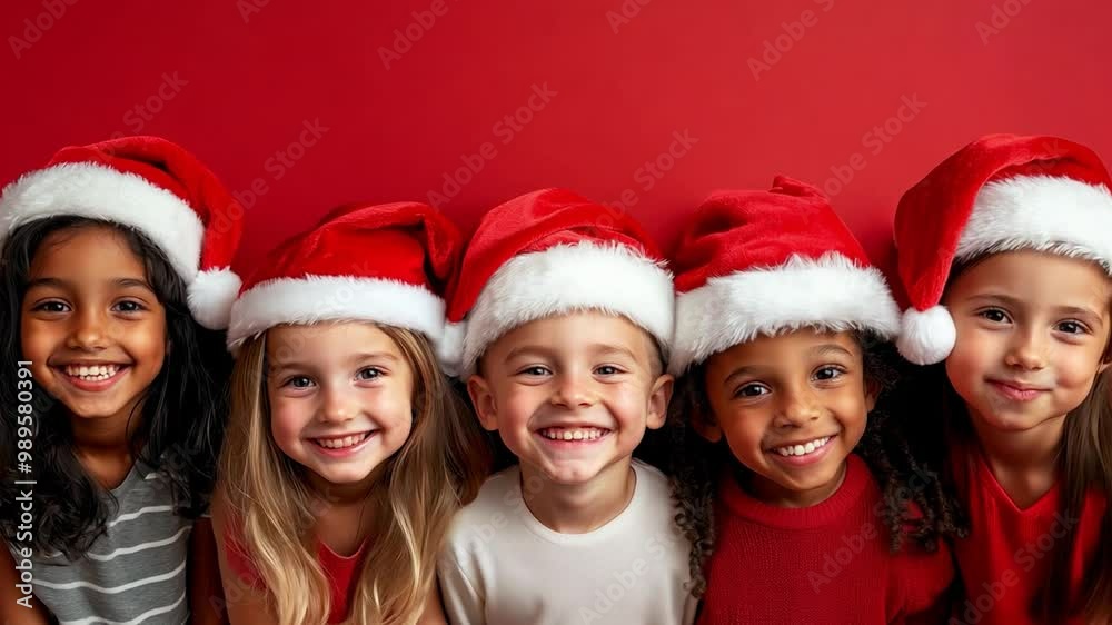 Five smiling kids dressed in festive attire enjoy a cheerful moment while wearing Santa hats, radiating holiday spirit and joy Five smiling kids dressed in festive attire enjoy a cheerful moment while wearing Santa hats, radiating holiday spirit and joy
