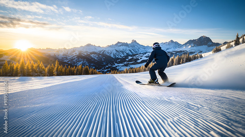 Obraz na płótnie A snowboarder racing down a groomed slope at high speed the mountains in the background glowing in the morning sun. w salonie