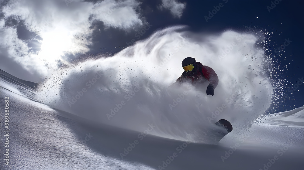 A snowboarder riding a giant wave of snow in the backcountry captured mid-carve with a powerful spray of powder.