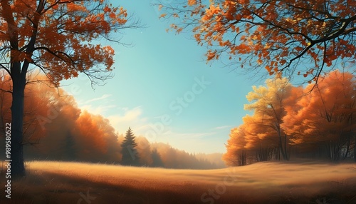 Serene autumn landscape with vibrant foliage and gentle breezes photo