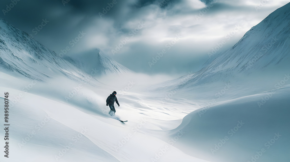 A snowboarder riding down a backcountry slope through deep untouched snow surrounded by mountains.