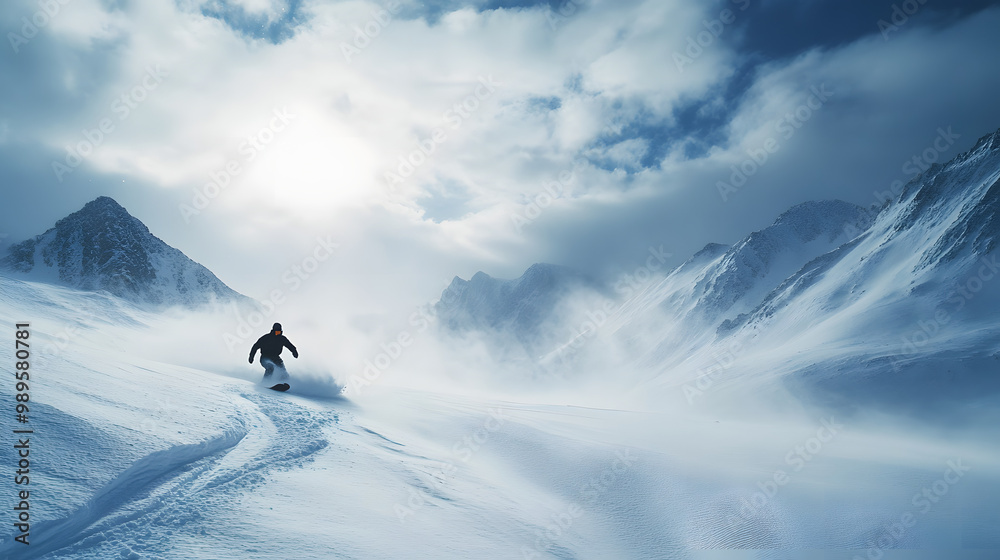 A snowboarder riding down a backcountry slope through deep untouched snow surrounded by mountains.