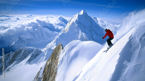 Obraz na płótnie A snowboarder riding a narrow snow ridge with sheer drops on both sides surrounded by high-altitude peaks and an endless sky. w salonie