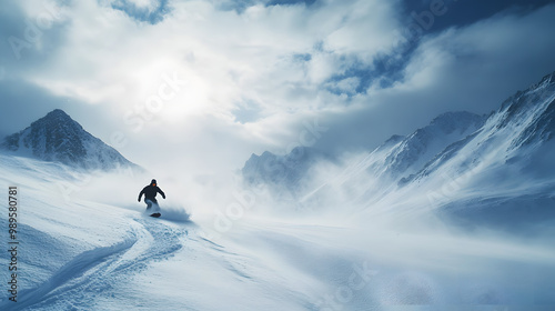 Obraz na płótnie A snowboarder riding down a backcountry slope through deep untouched snow surrounded by mountains. w salonie