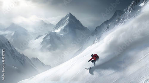 Obraz na płótnie A snowboarder riding down a backcountry slope through deep untouched snow surrounded by mountains. w salonie