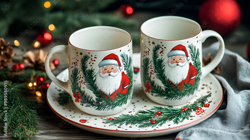 Fototapeta premium Traditional Christmas Mugs with Santa Claus Illustration, Festive Holiday Kitchenware Charming Christmas mugs featuring a jolly Santa Claus illustration. These colorful, traditional ceramic mugs are p