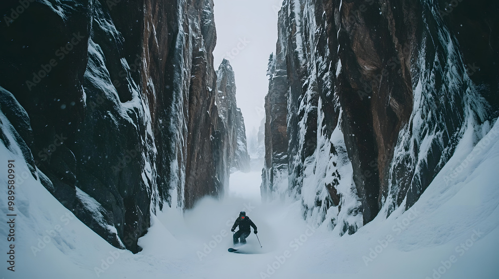 A snowboarder riding through a narrow canyon with towering rock walls on either side snow swirling in the wind.