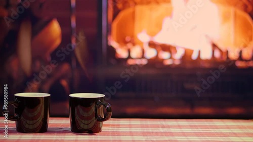 Two cups of hot steaming coffee on a table with a red tablecloth near the fireplace.