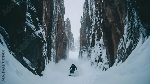 Obraz na płótnie A snowboarder riding through a narrow canyon with towering rock walls on either side snow swirling in the wind. w salonie