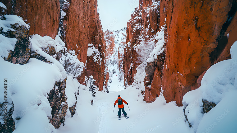 A snowboarder riding through a snow-filled canyon with steep rock walls rising dramatically on both sides.