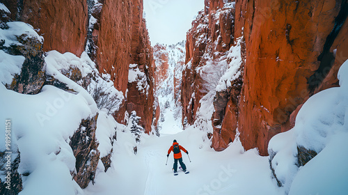 Obraz na płótnie A snowboarder riding through a snow-filled canyon with steep rock walls rising dramatically on both sides. w salonie