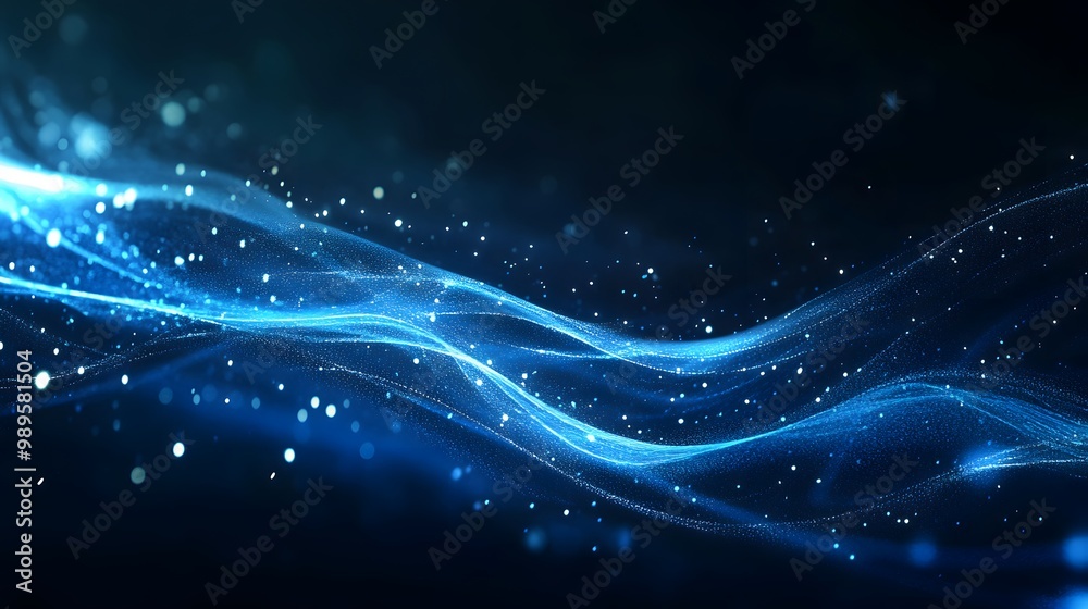Abstract blue glowing light waves and data flow in a space background for technology,