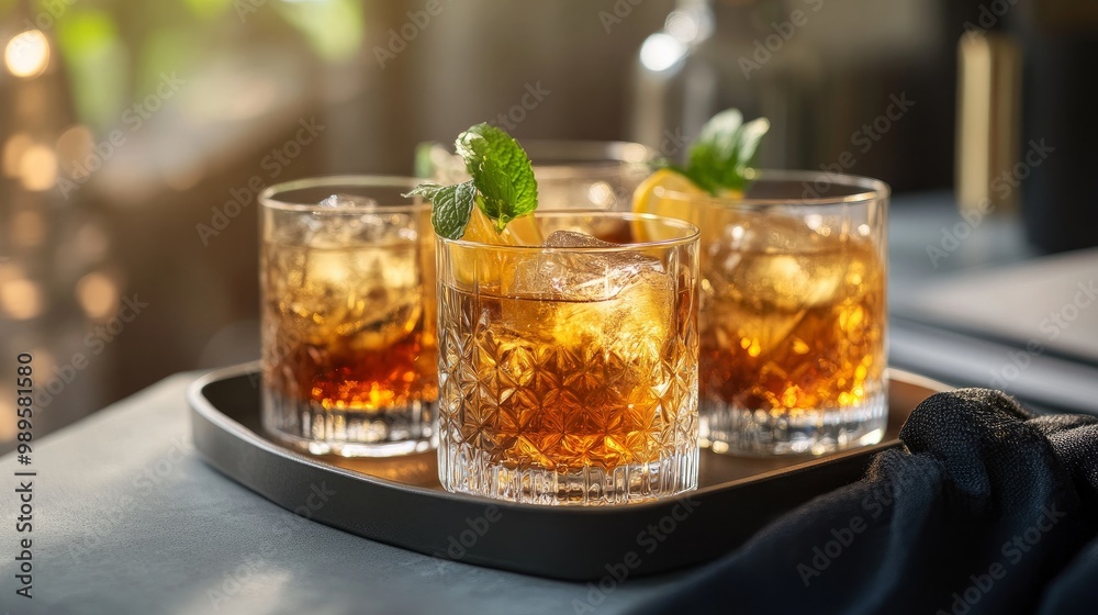Cocktail glasses at home on a tray, ready for partygoers Cocktail glasses at home on a tray, ready for partygoers