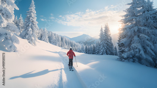 Obraz na płótnie A snowboarder speeding down a cross-country trail surrounded by snow-covered trees and rolling hills. w salonie