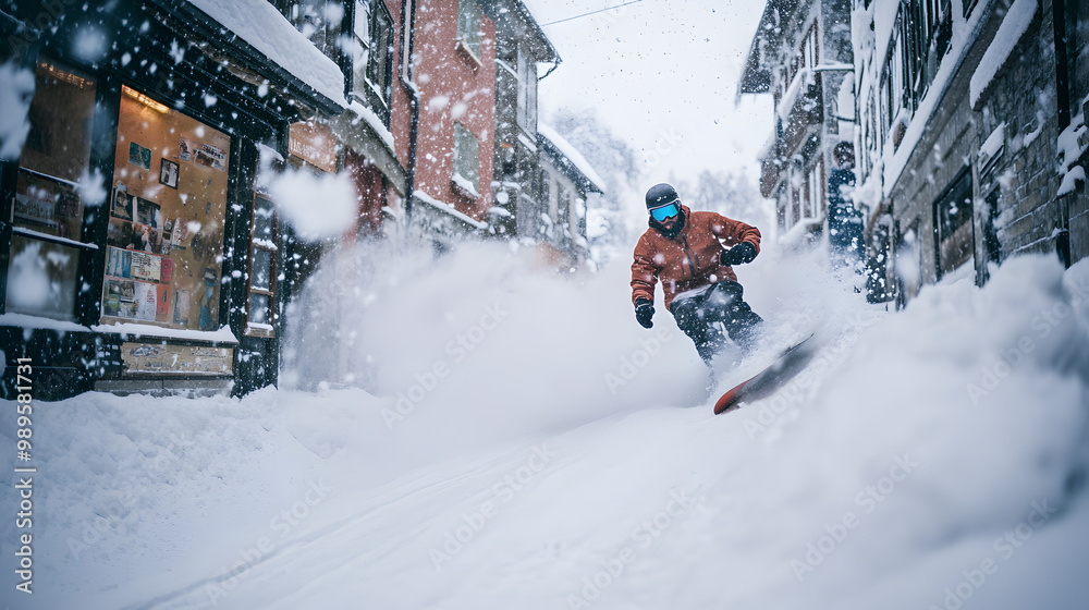 A snowboarder speeding down a narrow snow-covered street in a mountain town dodging obstacles as they race through the urban landscape.